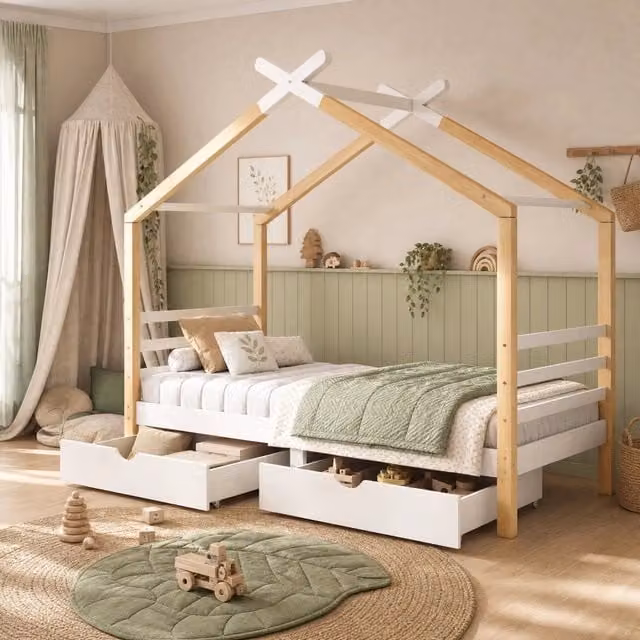 Letto a casetta per bambini 90x200 cm in legno bianco con contenitore, senza materasso