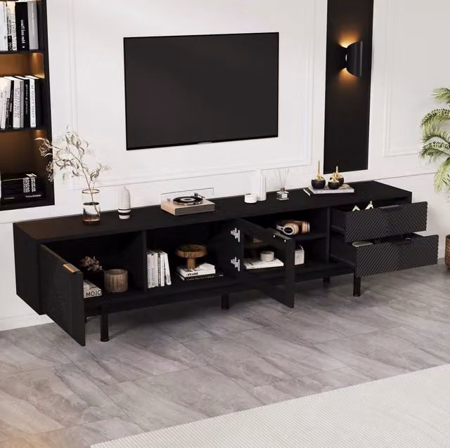Mobile TV nero 200x40x50,5 cm con 2 ante e 2 cassetti, portata 45kg, adatto a TV fino a 80 pollici