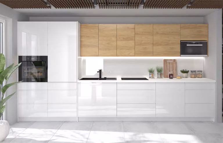 Angolo cottura AVELLINO 406 cm, hickory naturale, bianco lucido, finitura a scelta, HETTICH InnoTech Atira, cassetti a estrazione totale