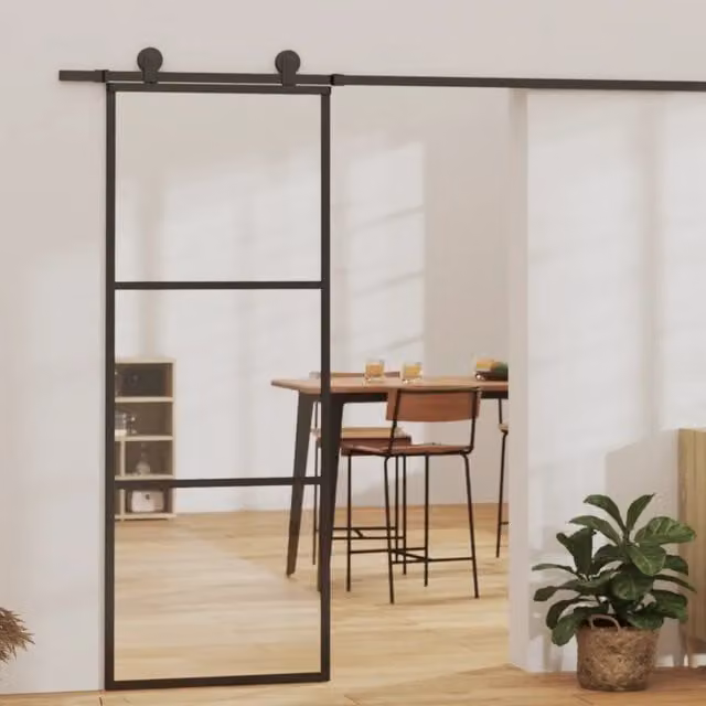 Porta Scorrevole in Alluminio e Vetro ESG con Kit di Montaggio vidaXL, Colore Nero e Trasparente, L: 76 cm, H: 205 cm – 1