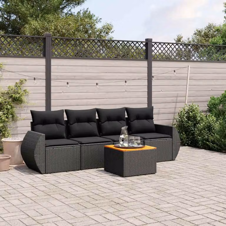 Set di divani da giardino vidaXL in 5 pezzi con cuscini in polyrattan nero e tavolo da caffè per esterno