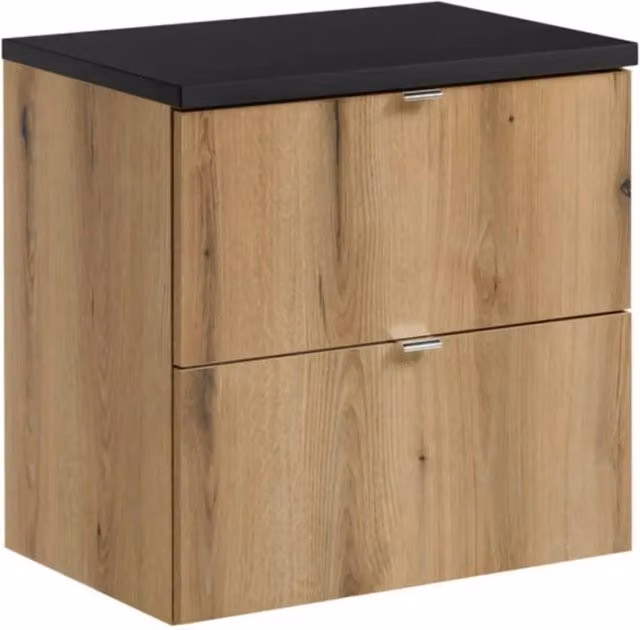 Set bagno sospeso VANO effetto quercia e nero 60cm: mobile sotto lavabo con cassetti + piano per lavabo