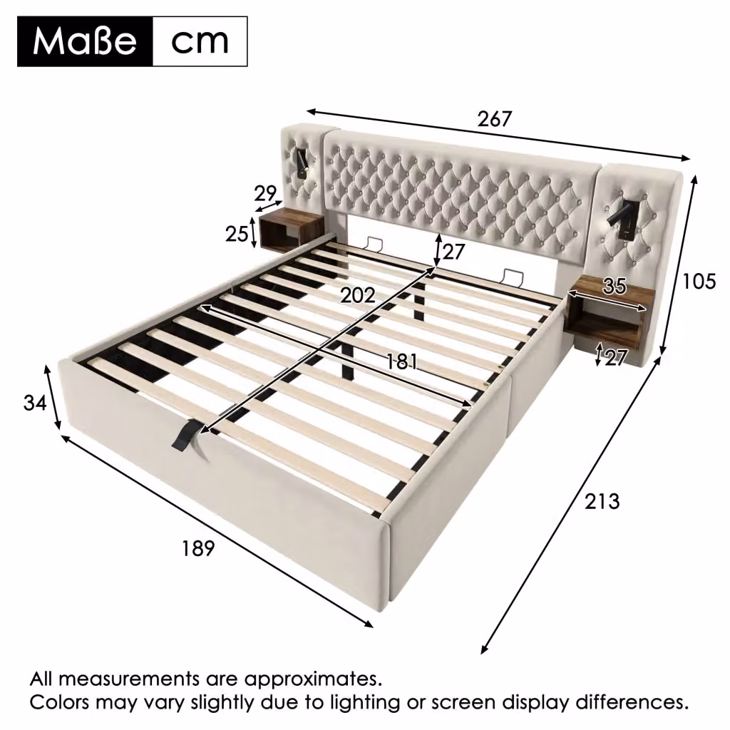 Letto matrimoniale imbottito CIPACHO in velluto beige con base contenitore, luce di lettura integrata, mensola e porte USB, L/P/H: 180 x 200 x 105 cm – 2