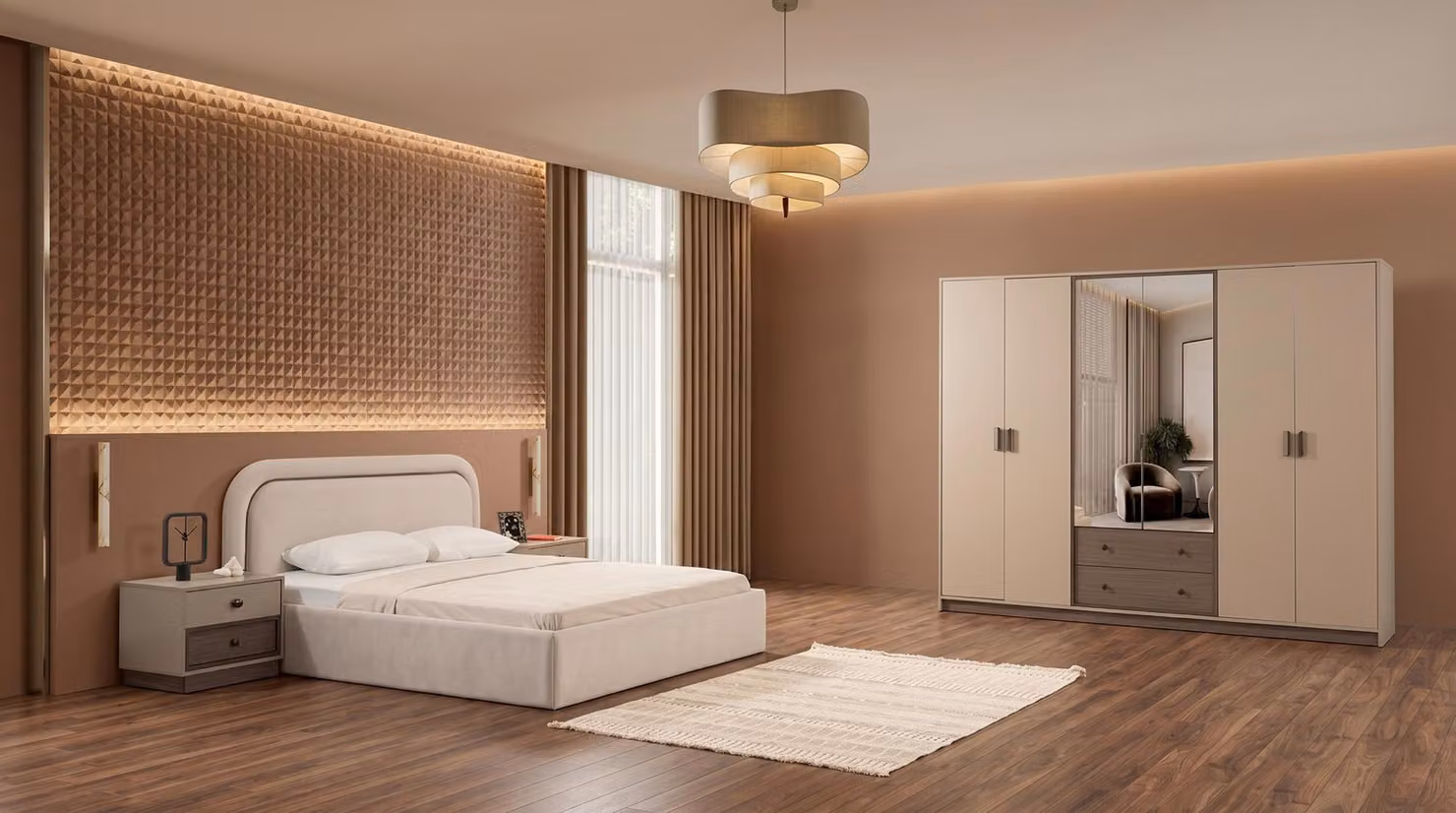 Set completo per camera da letto in stile moderno, color beige, composto da letto, armadio e comodini