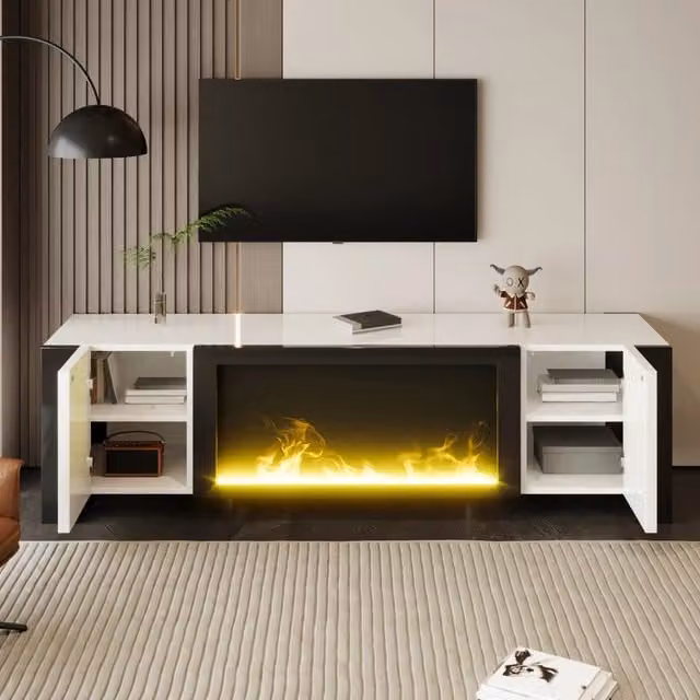 Mobile Porta TV con Camino Elettrico 165 cm Bianco Lucido e Nero per TV 50-59 Pollici