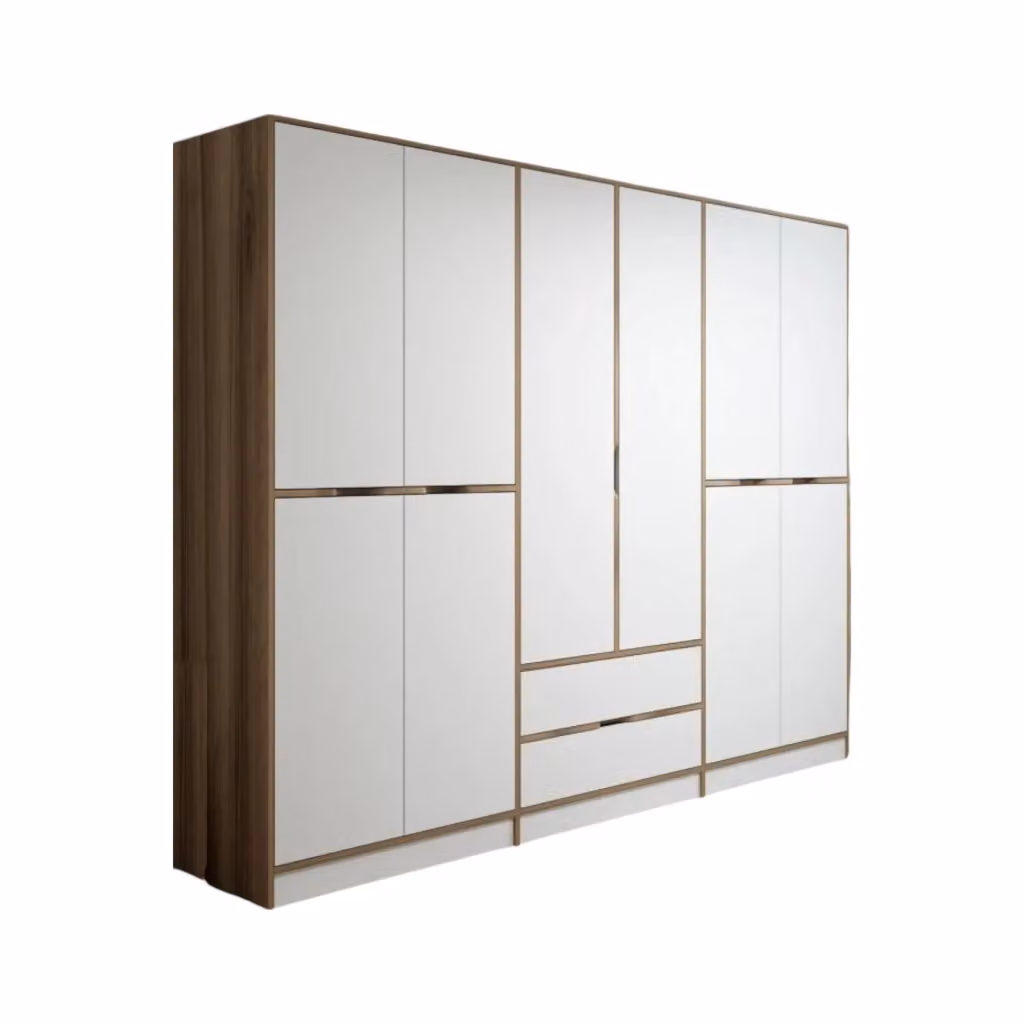 Armadio da camera da letto Gaspard DMORA con ante a battente e cassetti integrati, Bianco e Marrone noce, L: 277 cm, H: 208 cm – 2