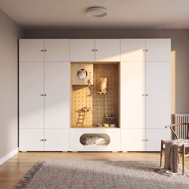 Armadio guardaroba 3 in 1 con spazio per gatto e parete da arrampicata 270x50x200 cm bianco effetto legno