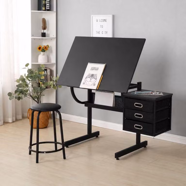 Tavolo da disegno con sgabello e 3 cassetti, tavolo da disegno regolabile in altezza, ideale per arte, pittura e ufficio, dimensioni 116x60x75 cm, colore nero