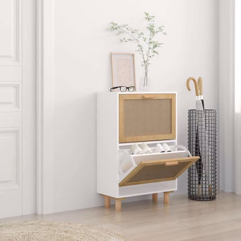 Scarpiera bianca vidaXL in stile scandinavo con rattan e legno, sospesa a parete, L: 52 cm, P: 25 cm, H: 80 cm