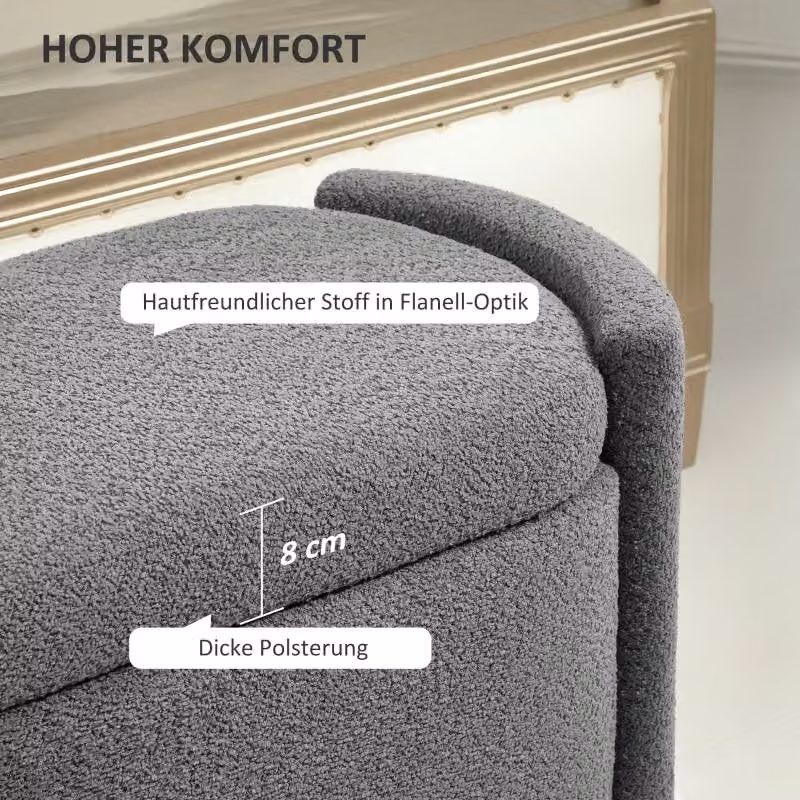 Panca contenitore imbottita REDOM grigia con struttura in legno e tessuto, L: 150 cm, P: 44 cm, H: 45,5 cm – 2