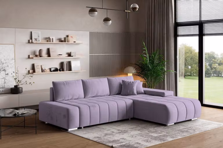 Divano angolare Masseno ALESE R-S con funzione letto a L, divano con box letto, divano da soggiorno, divano, divano letto, set di divani - viola, MONOLITH 62