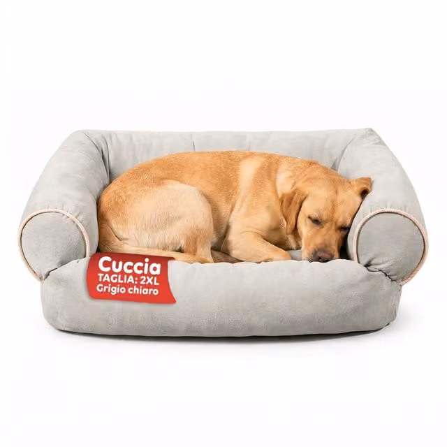 Cuccia a Divano Puppy Lovers in Velluto e Microfibra Grigia con Bordi Rialzati per Cani e Gatti