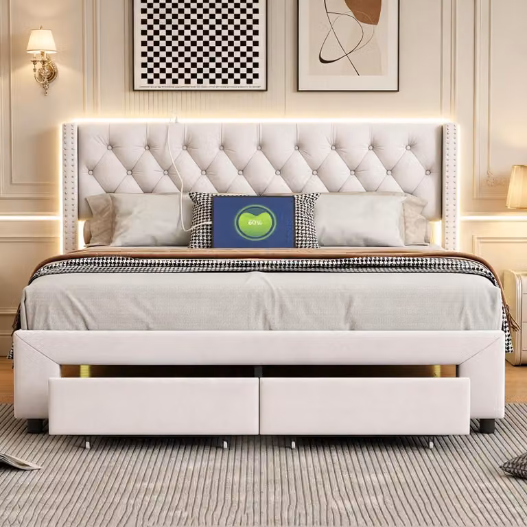 Letto imbottito INONEFT, 160x200 cm, con contenitore e rete a doghe, letto matrimoniale con LED e USB, dotato di 2 cassetti, testiera decorata con borchie, rivestito in velluto, colore beige