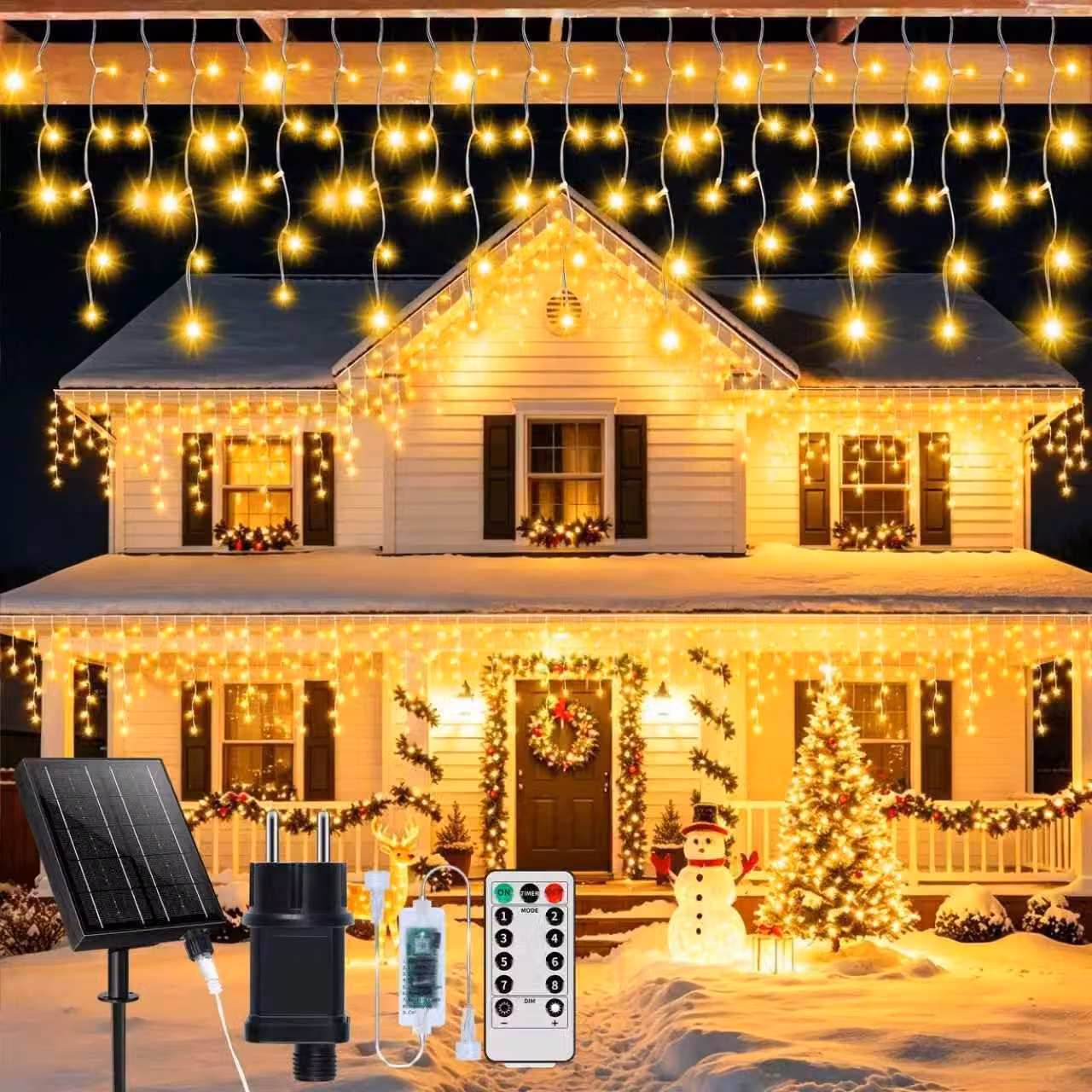 Catena luminosa solare 3-in-1, con possibilità di alimentazione a corrente, lunghezza 30 metri, 660 LED, luce bianco caldo, grado di protezione IP65