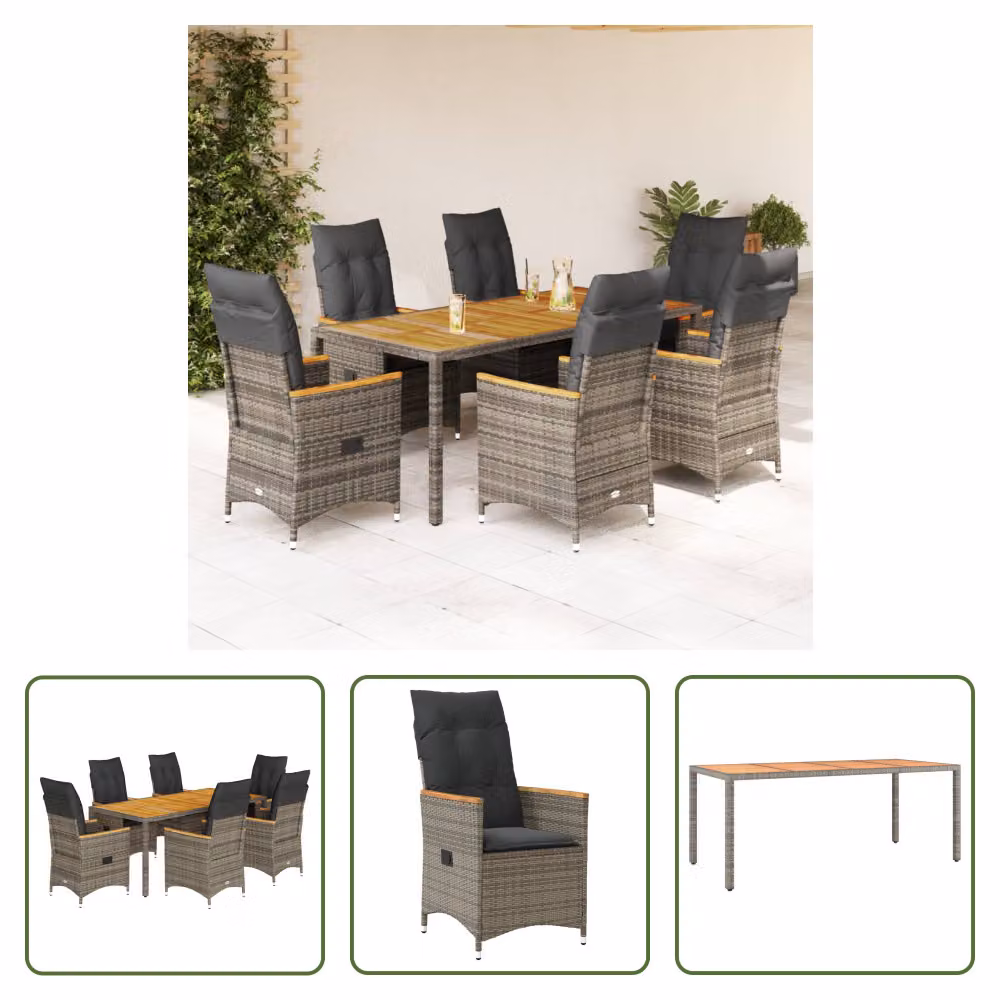 The Living Store Set da pranzo da giardino 7 pezzi con cuscini in poly rattan grigio