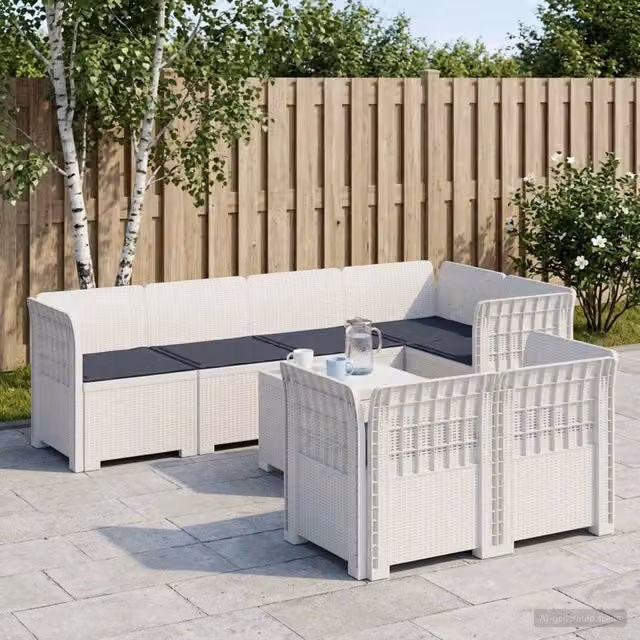 Set da giardino vidaXL con 7 posti in polyrattan bianco e grigio con cuscini inclusi – 1