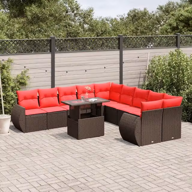 Set Divani da Giardino 11 pz con Cuscini Marrone in Polyrattan 3268804