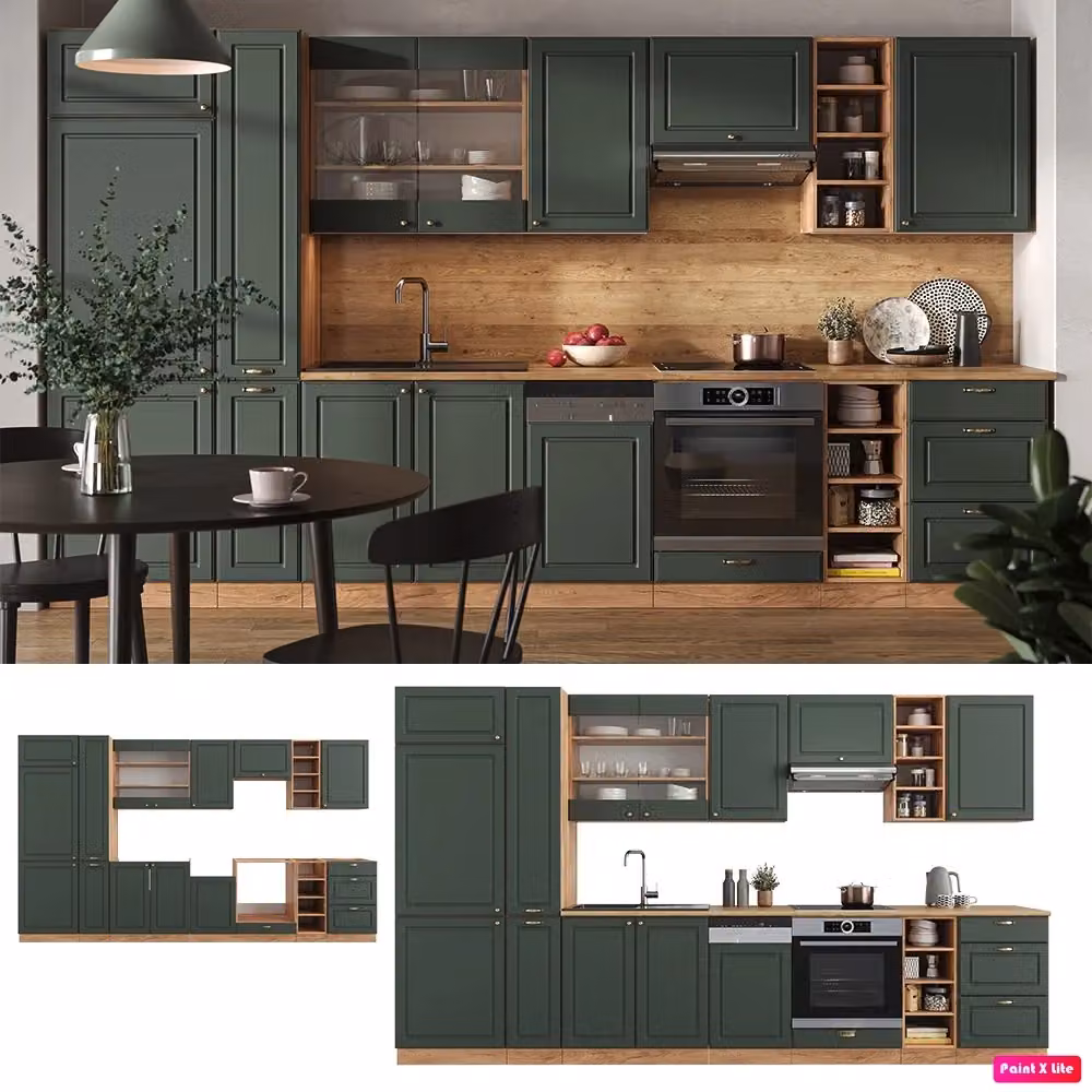 Cucina componibile Fame-Line Vicco Verde-oro rustico e Rovere dorato con piano in marmo, L: 355 cm – 2