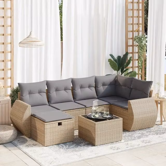 Set Divani da Giardino 7 pz con Cuscini Beige in Polyrattan 3325595