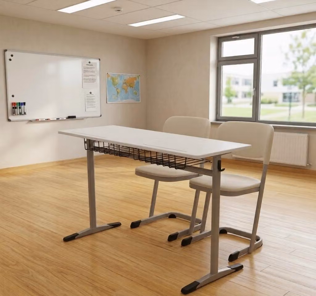 Set scolastico moderno ed ergonomico, grigio; banco bianco, sedia a due posti