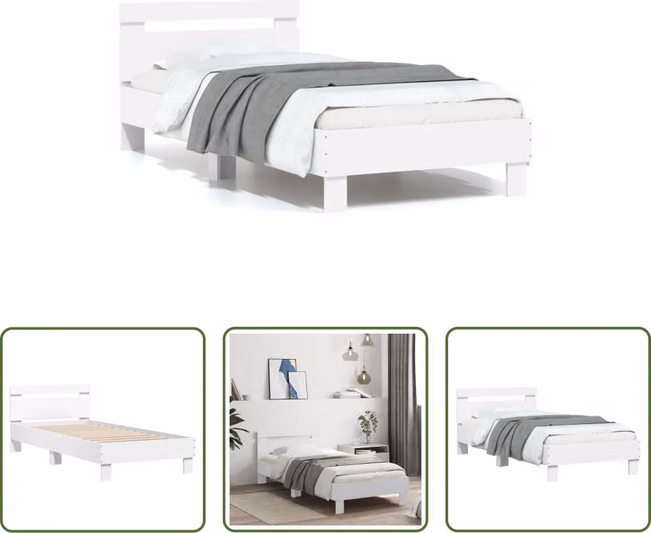 The Living Store Giroletto con testiera bianco 90x190 cm in materiale ligneo