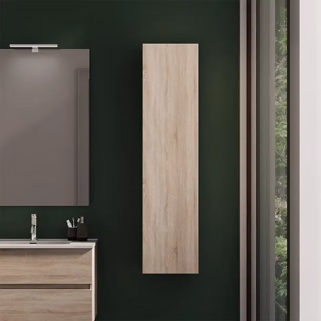 Colonna bagno sospesa Yili in rovere chiaro beige con ante a battente e ripiani interni, Altezza: 140 cm