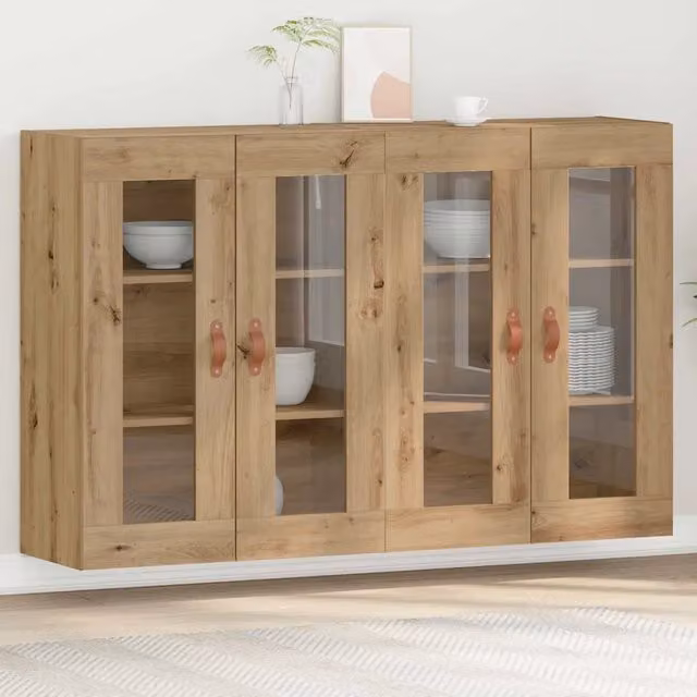 Set di 2 armadi da parete moderni vidaXL in legno rovere e vetro con ante in vetro, colore marrone, L: 69,5 cm, P: 34 cm, H: 90 cm