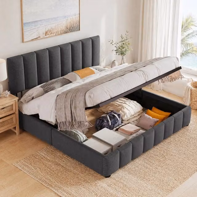 Letto matrimoniale imbottito 140x200 cm con contenitore idraulico; testiera regolabile; lino grigio