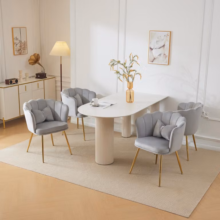 Sedia imbottita MERAX con cuscini decorativi a fiocco (4 pezzi), sedia da sala da pranzo sedia da soggiorno in velluto con schienale a petali e gambe in metallo dorato