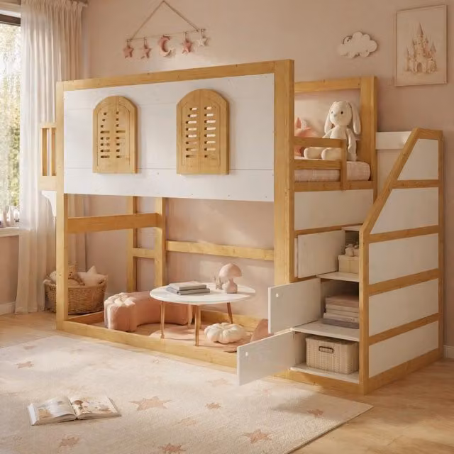 Letto a soppalco in legno massiccio per bambini con armadio scala, area giochi e design finestra, 90x200 cm, bianco e naturale