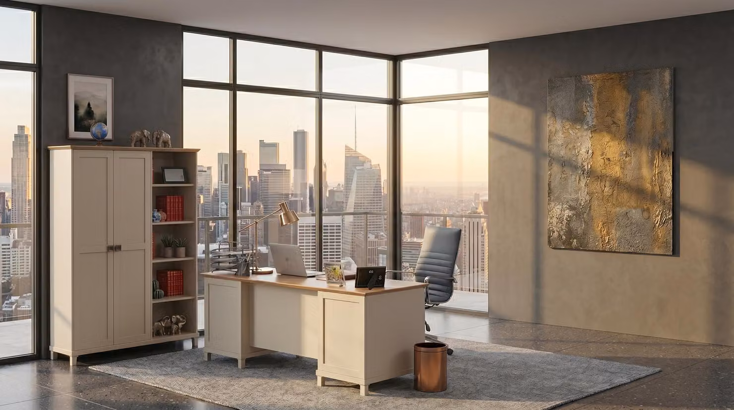 Set beige: scrivania, grande libreria, lussuoso ufficio