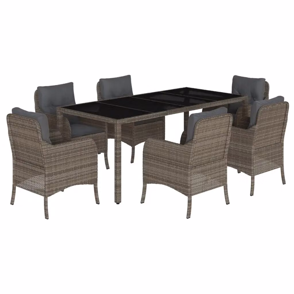 Set da pranzo da giardino vidaXL in polyrattan grigio con cuscini e tavolo in vetro, 7 pezzi – 2