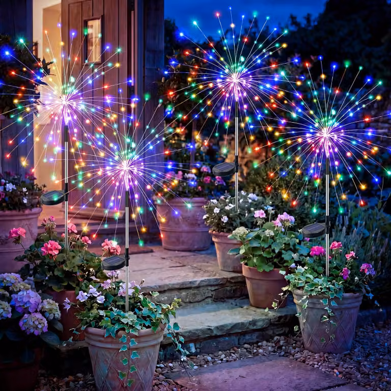 Set di 4 luci solari da giardino, 120 LED, multicolore, impermeabili