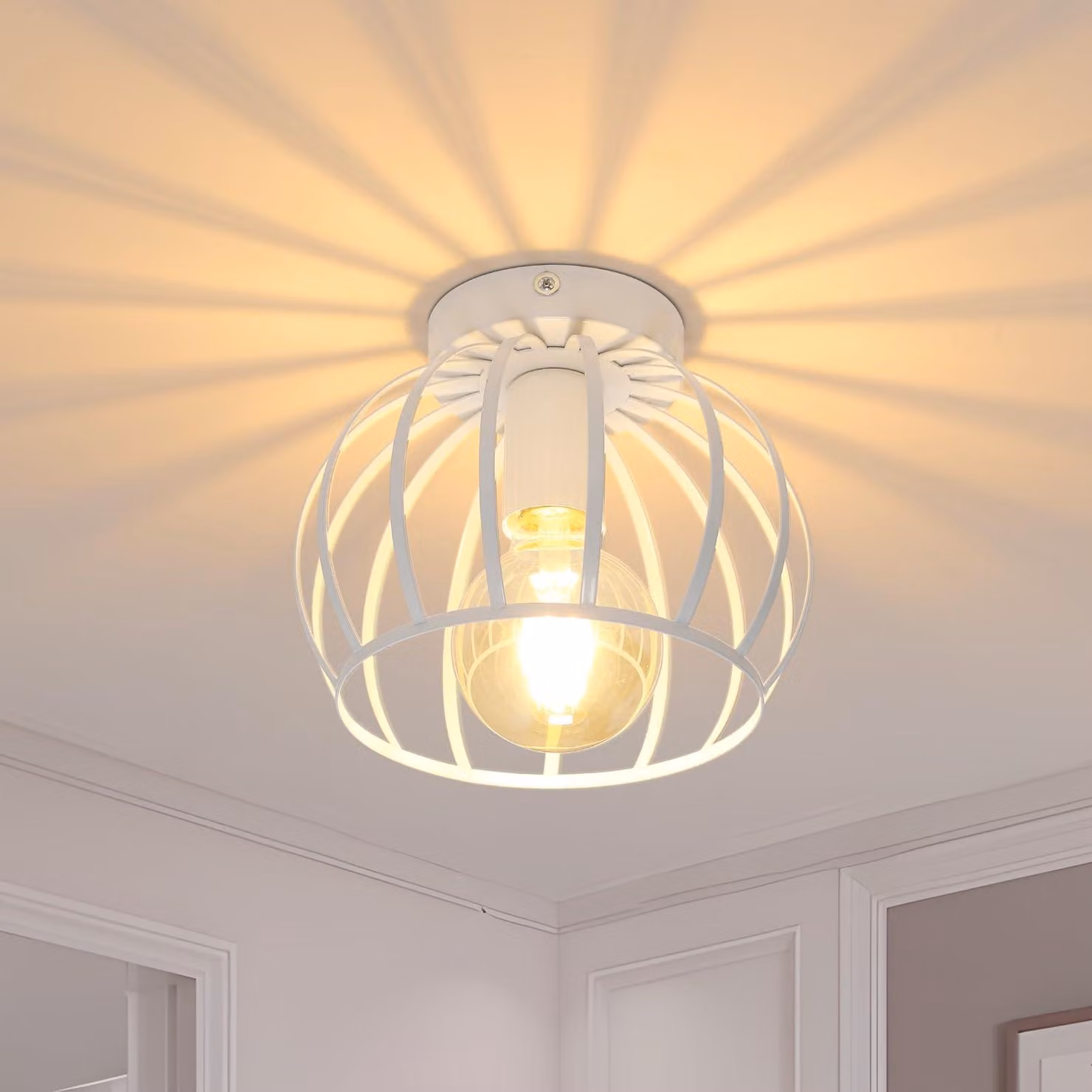 Comely: Lampada da soffitto vintage in stile industriale, con portalampada E27 e struttura a gabbia, colore bianco