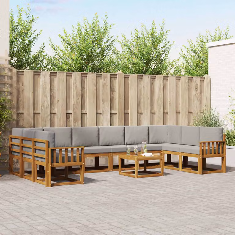 Set di divani da esterno vidaXL 11 pz in legno di acacia con cuscini e tavolino, Grigio e Marrone