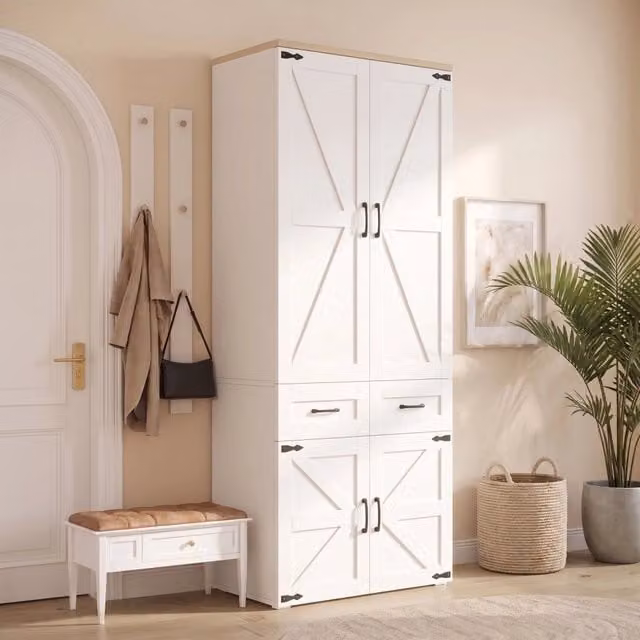 Armadio 4 ante con 2 appendiabiti e 5 cassetti mobile contenitore per camera da letto corridoio e cameretta in MDF bianco
