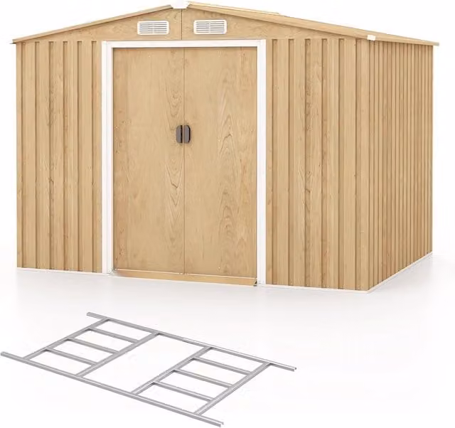 Capanno da Giardino Costway in Acciaio Zincato con Porte Scorrevoli e Sfoghi Laterali, Colore Marrone e Beige, L: 259 cm, P: 196 cm, H: 184 cm