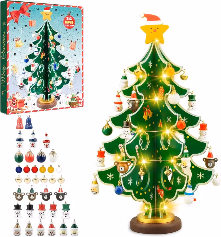 Calendario dell'Avvento 2025: calendario con 24 giorni di conto alla rovescia, albero di Natale in legno con luci e 28 mini-decorazioni per Natale - Decorazione da tavolo