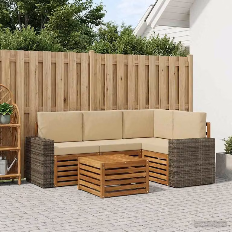 Set di divani da esterno a L vidaXL in legno di acacia con cuscini, colore beige e marrone