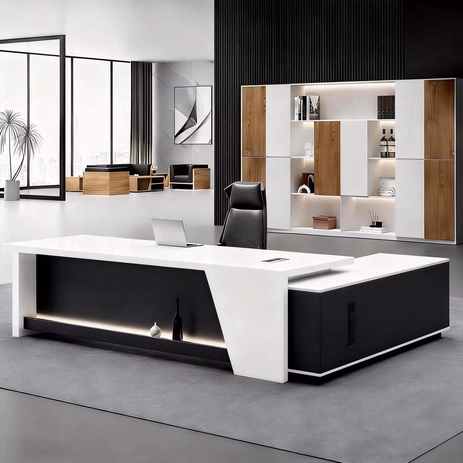 Scrivania a forma di L con spazio contenitivo, dimensioni 160x80x75 cm, colore bianco e nero