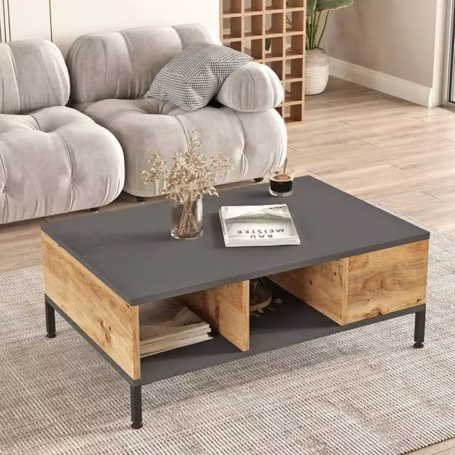 Tavolino da salotto moderno DMORA Lemie con 3 vani, L: 90 cm, P: 60 cm, H: 33.1 cm, Marrone Antracite – 1