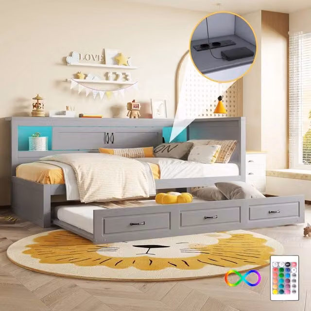 Divano letto, letto da giorno 90 x 200 cm, luci LED, contenitore laterale, letto estraibile, presa + USB, senza materasso - Grigio