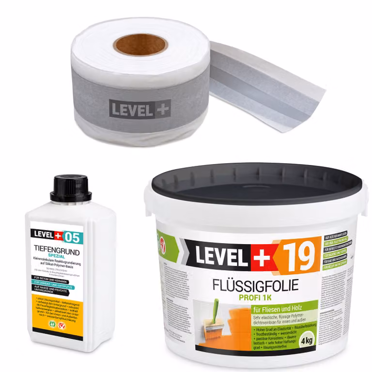 Kit di impermeabilizzazione: membrana liquida 4 kg, nastro 5 metri, primer 1 litro. Adatto per balconi e bagni. Modello: LEVEL+ SET510