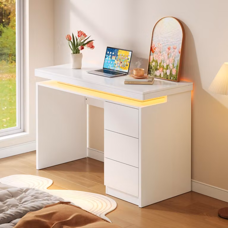 MODFU Credenza da scrivania con 3 cassetti, piano di lavoro allungato e allargato, scrivania per computer con illuminazione a LED regolabile, ideale per l'ufficio in casa, bianco