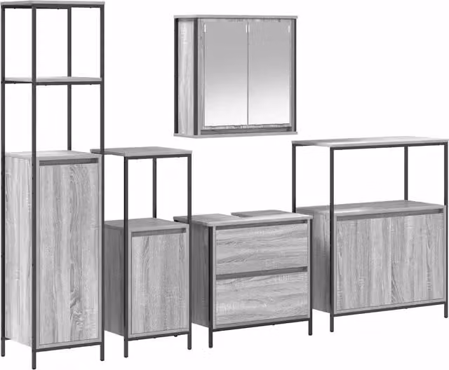Set di mobili da bagno moderno in legno grigio composto da mobile lavabo, pensile e colonna, con montaggio a parete