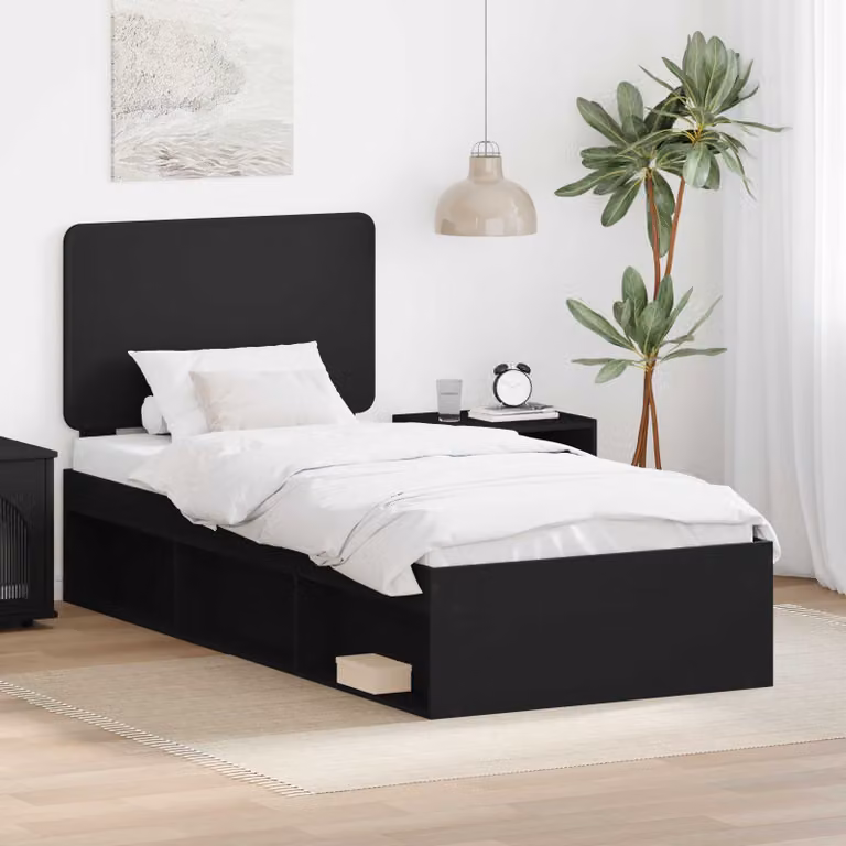 Struttura del letto moderna vidaXL in pino massello e legno, colore nero, L 100 x P 200 cm