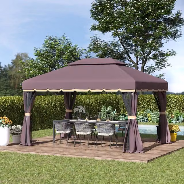Gazebo da giardino con tetto rigido impermeabile doppio livello tende oscuranti e zanzariere in alluminio color caffè