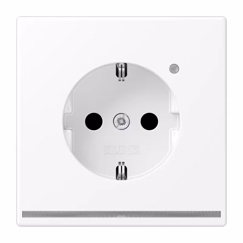 Presa Jung SCHUKO, 16 A 250 V ~, con luce di orientamento a LED, protezione integrata contro il contatto accidentale, materiale termoplastico verniciato, serie LS, bianco neve opaco LS1520-OWWMLNW