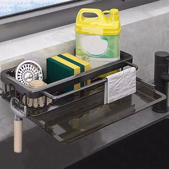 Organizzatore per cassetti da cucina con ripiano per lo scarico e due ganci - Portaoggetti per cassetti da cucina e ripiano per stoviglie, ideale per accessori da cucina e portabistecche (nero)