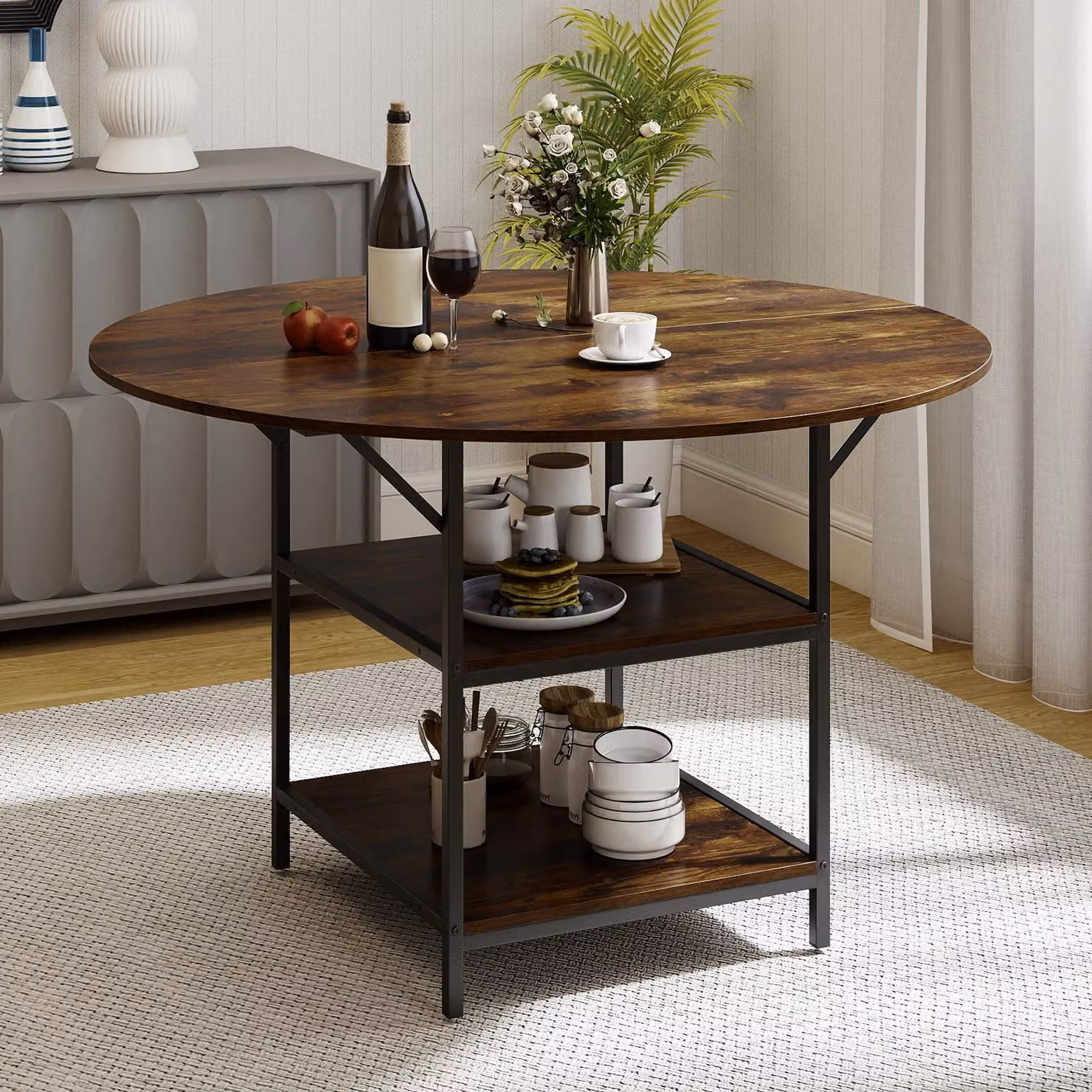 Tavolo da pranzo COSTWAY rotondo 120cm, tavolo da cucina in legno per 4 o 6 persone, con 2 ripiani, tavolino industriale, tavolino moderno (marrone vintage)